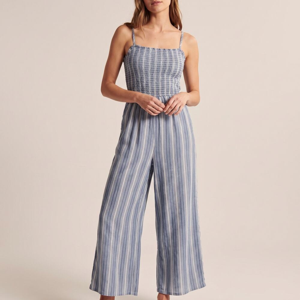 Hollister Women's Wide Leg Jumpsuit Blue Striped Smocked Spaghetti Strap Boho S